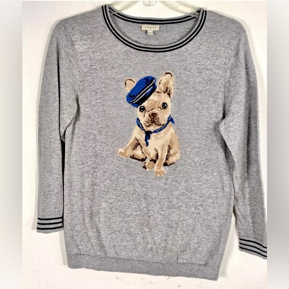 Talbots Women's Heather Gray French Bull Dog w Hat Sweater  3/4 Sleeves Size L